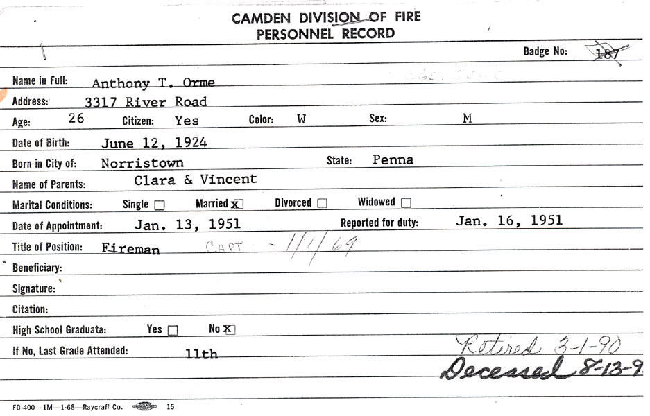 Anthony T. Orme personnel card