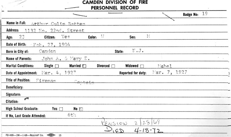 Camden Division of Fire personnel record for Arthur C. Batten
