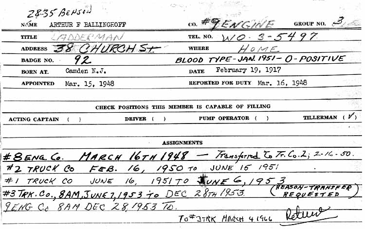 Fire Department service card for Arthur F. Ballinghoff, front