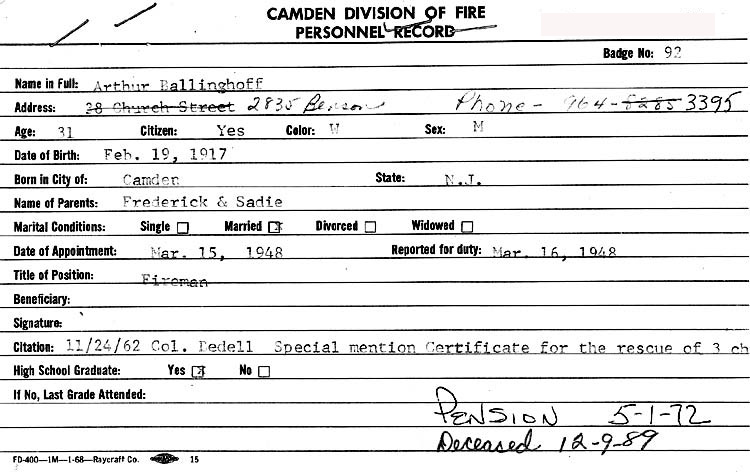 Fire Department service card for Arthur F. Ballinghoff, back