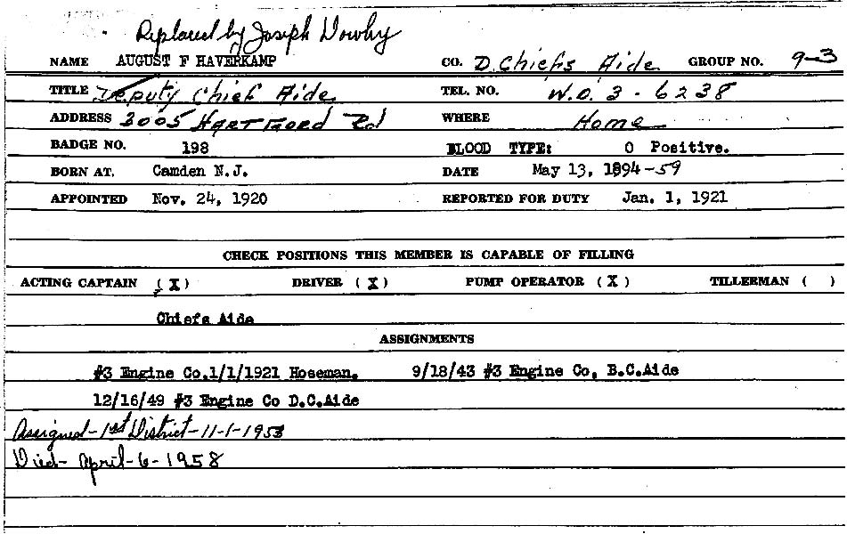 August F. Haverkamp Camden Fire Department service card