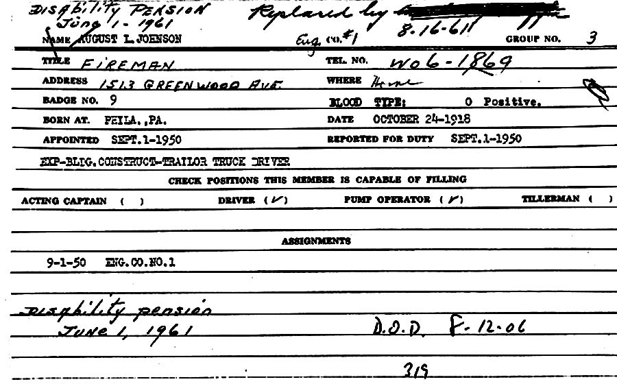 August L. Johnson fire department service card