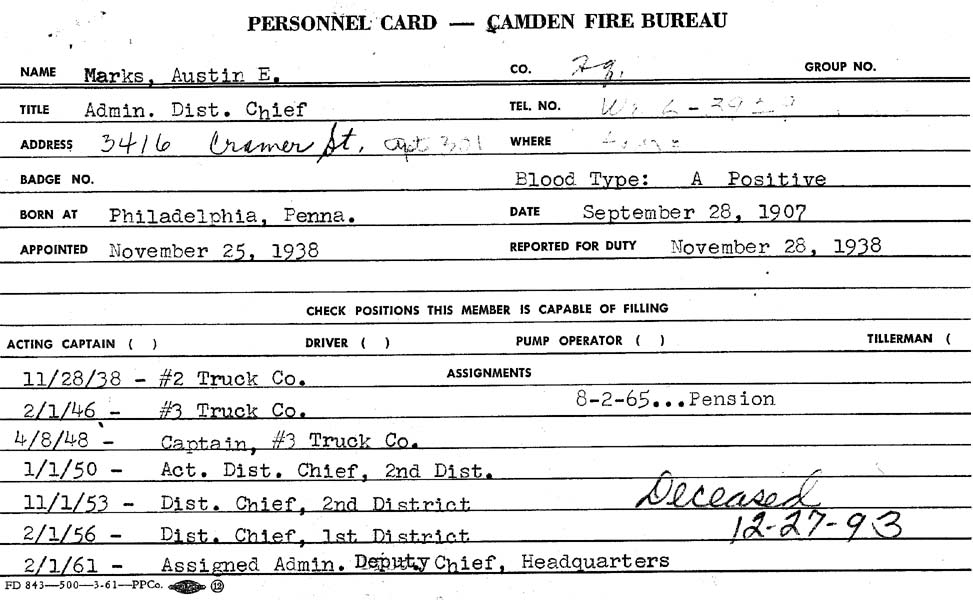 Austin E. Marks fire department personnel card
