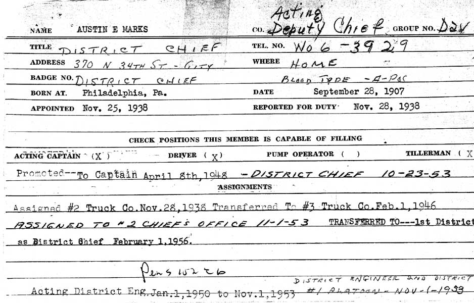 Austin E. Marks fire department personnel card — reverse