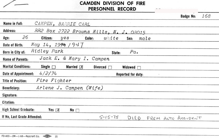Fire Department service card for Barrie Campen, front