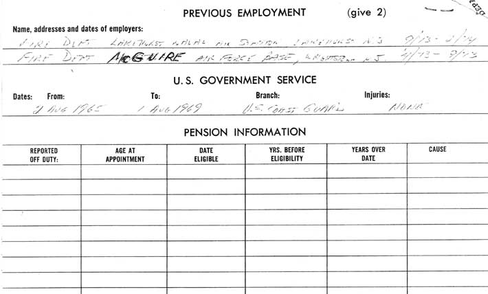 Fire Department service card for Barrie Campen, back