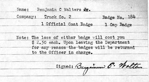 Fire Department service card for Benjamin C. Walters Jr.