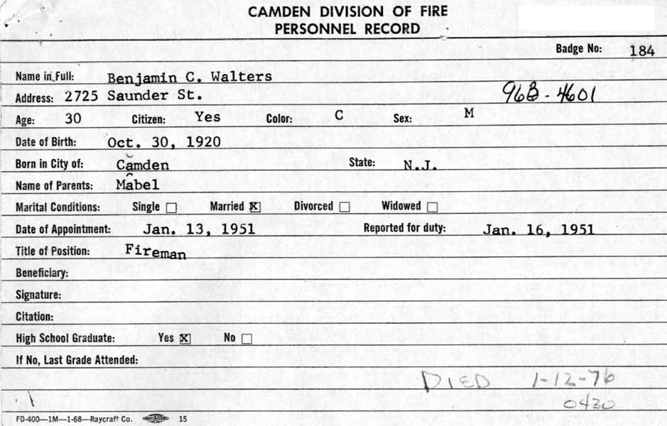 Fire Department service card, page 4