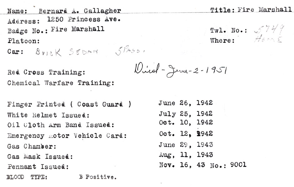 Bernard Gallagher Fire Marshal record card