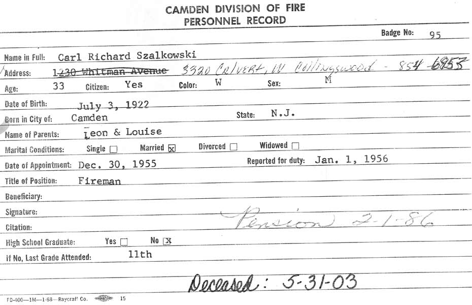 Camden Fire Department fire card for Carl Szalkowski