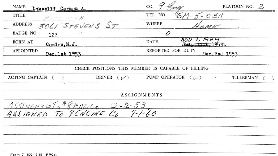 In memoriam card for Carmen Iannelli, Camden Fire Department