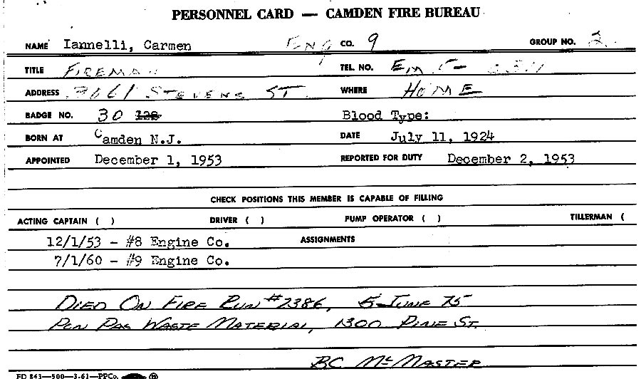 In memoriam card for Carmen Iannelli, Camden Fire Department, page 2