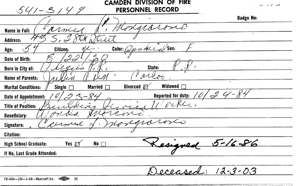 Fire department card for Carmen Mongiorno