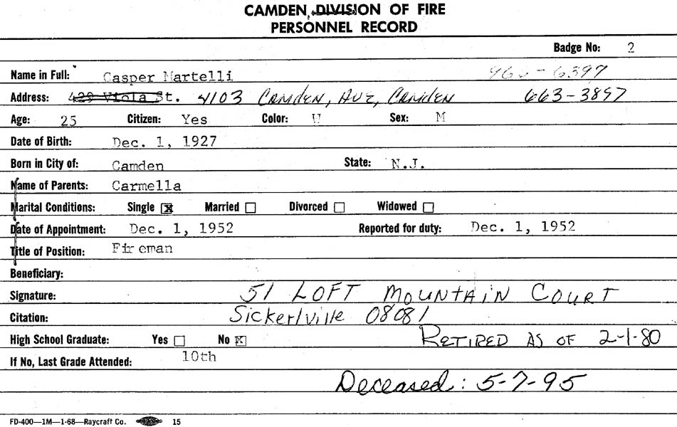 Casper J. Martelli fire department identification card