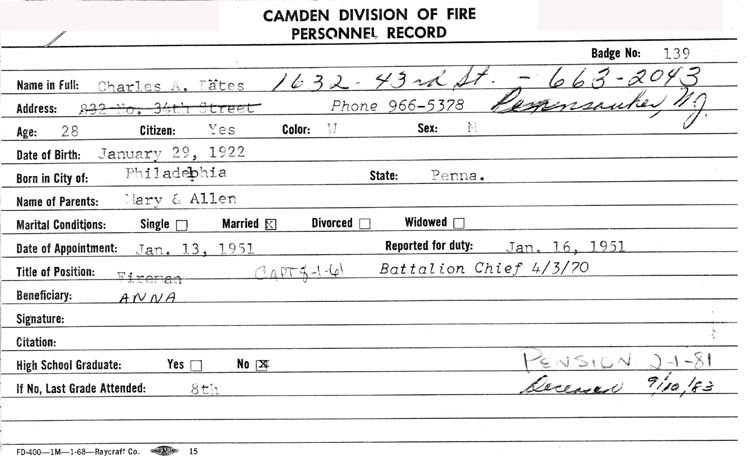 Charles A. Bates Camden Fire Department personnel card