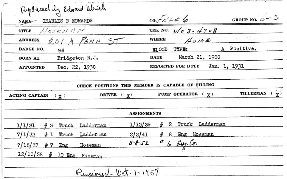 Camden Fire Department personnel record card for Charles B. Edwards