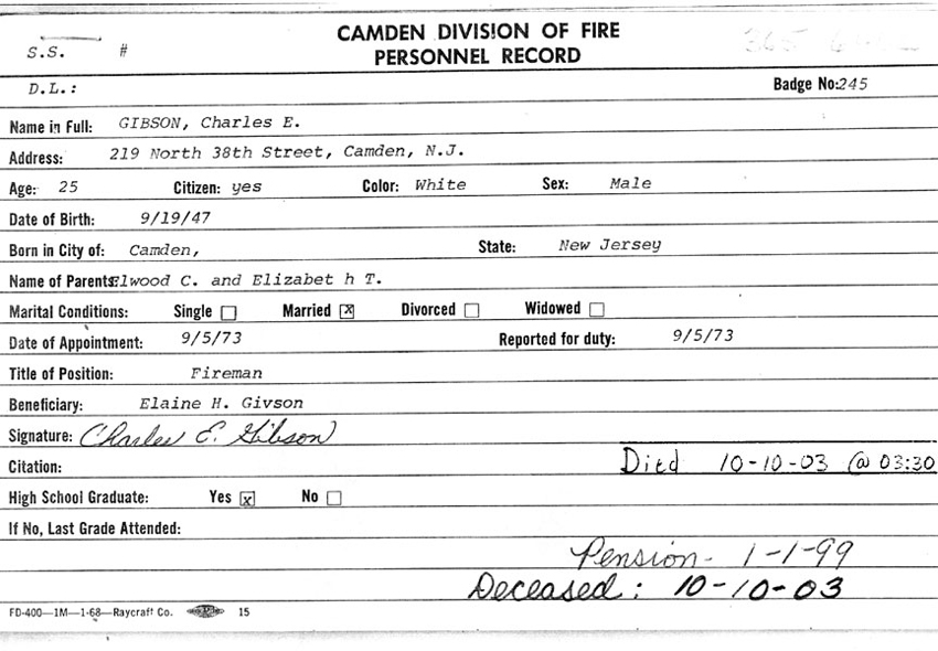 Memorial card for Charles E. Gibson