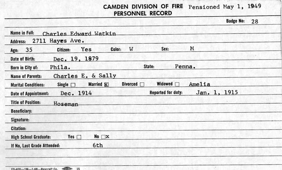 Charles E. Watkin personnel card, front