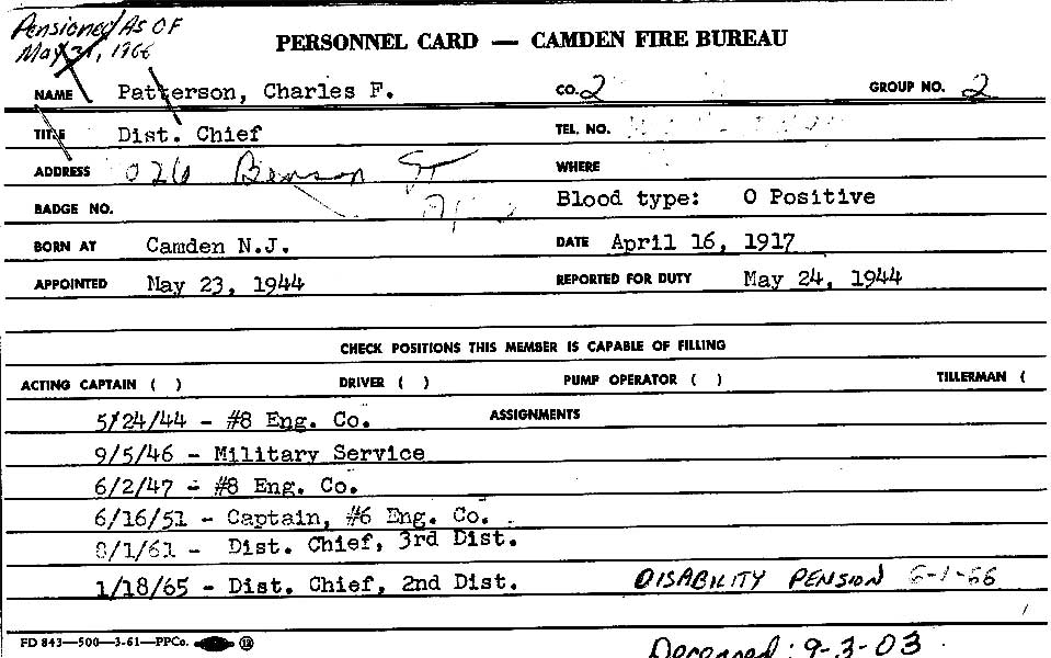 Fire service record card for Charles F. Patterson