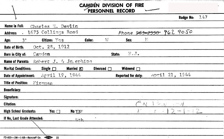 Memorial card for Charles Devlin