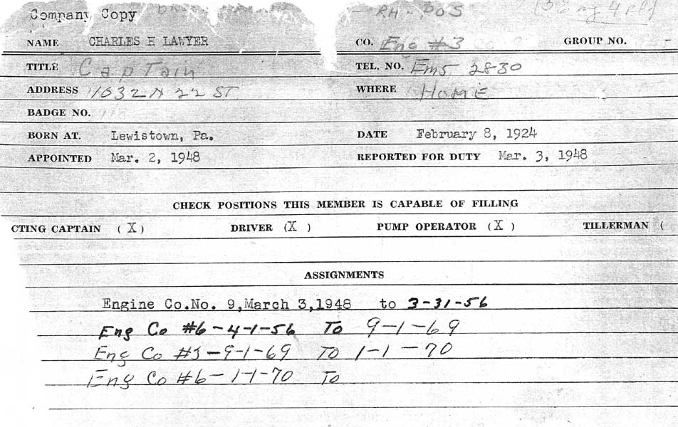 Camden Division of Fire personnel record for Charles H. Lawyer, front