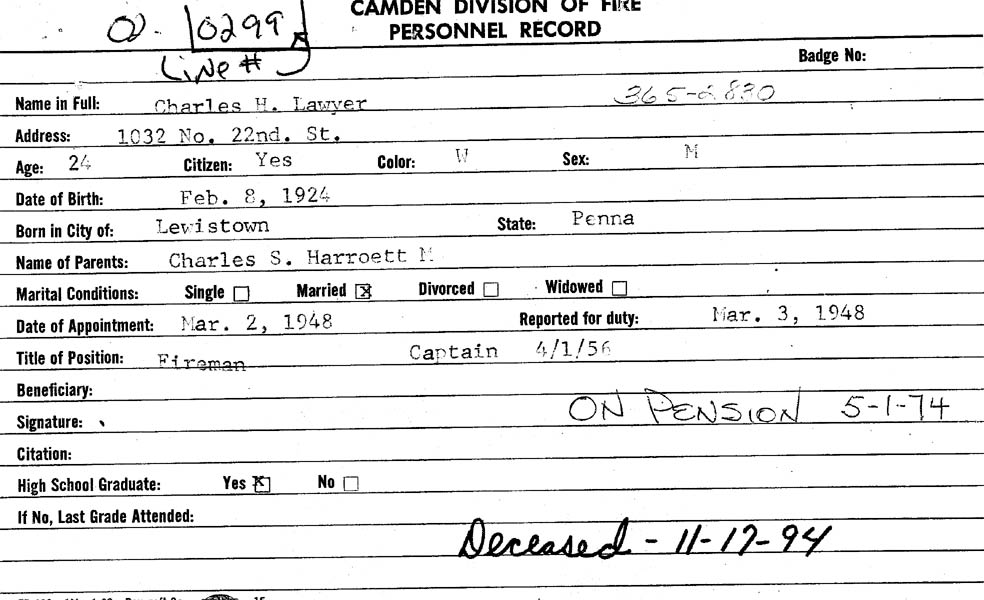 Camden Division of Fire personnel record for Charles H. Lawyer, back
