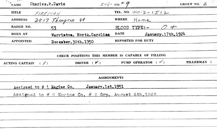 Camden Fire Department card for Charles M. Davis, page 1