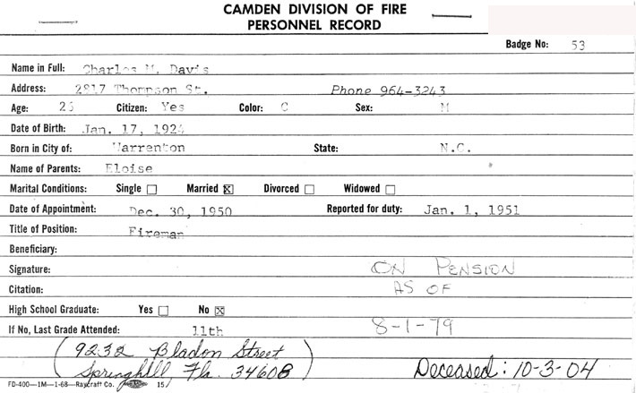 Camden Fire Department card for Charles M. Davis, page 2