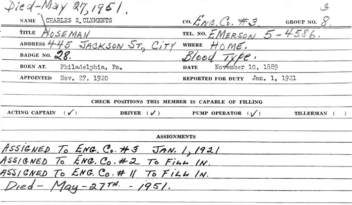 Charles S. Clements fire department service record