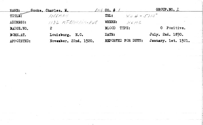 Charles W. Cooke fire department service record card
