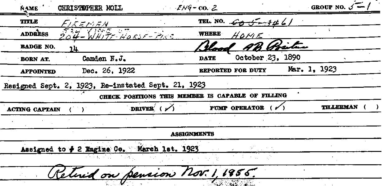 Christopher Moll Jr. Fire Department service card, front