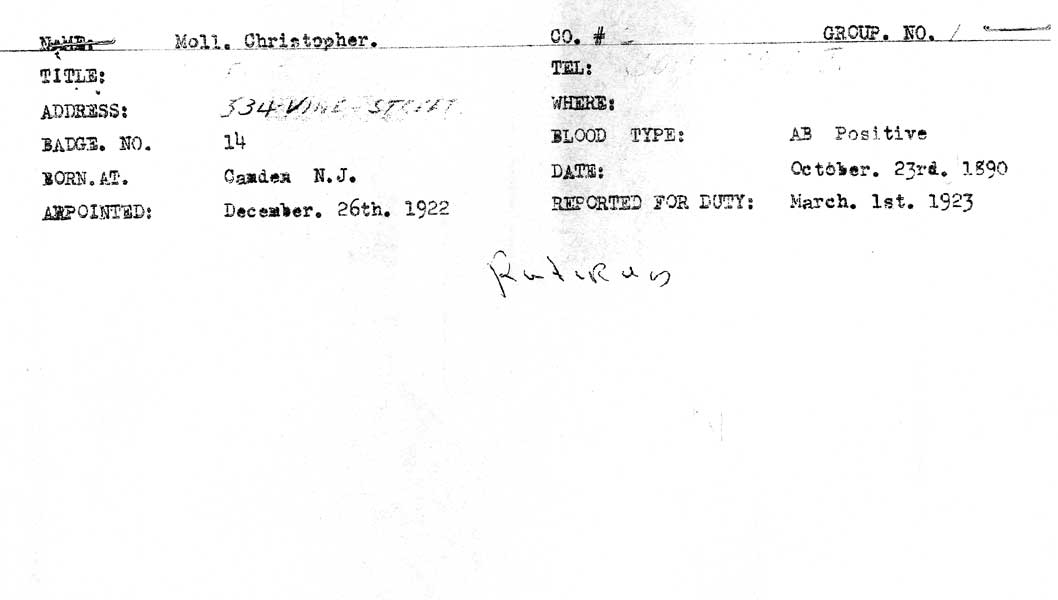 Christopher Moll Jr. Fire Department service card, back