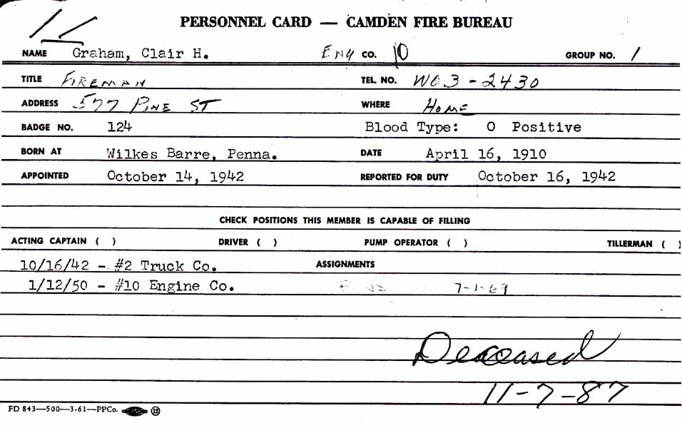 Camden Fire Department card for Clair H. Graham