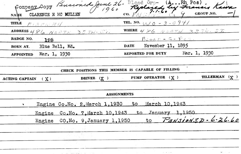 Clarence E. McMullen personnel card