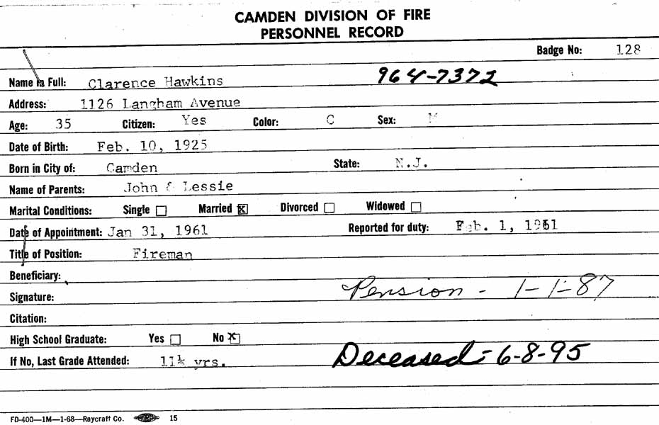 Camden Fire Department card for Clarence Hawkins