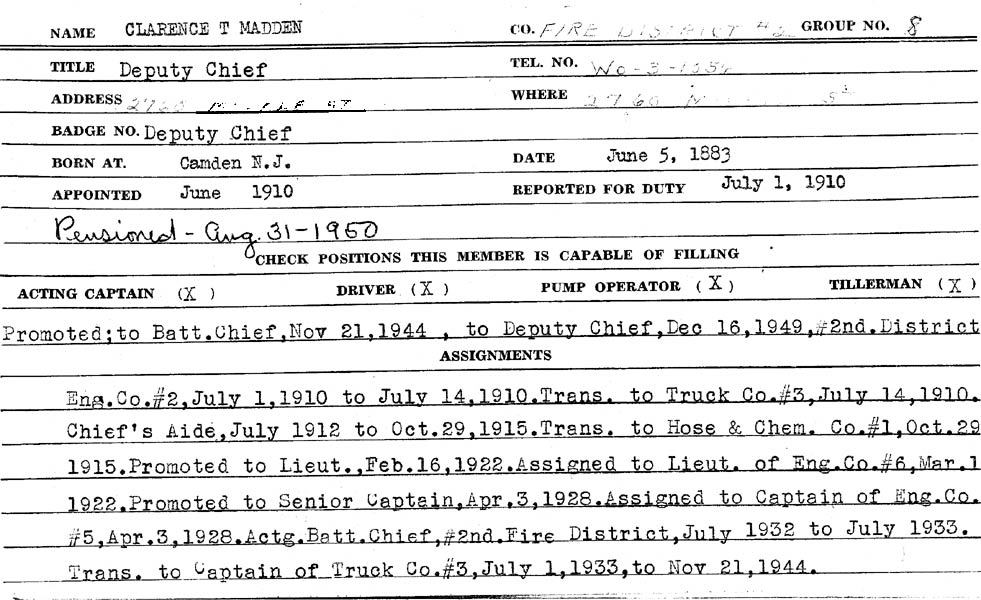 Clarence Madden Fire Department service card