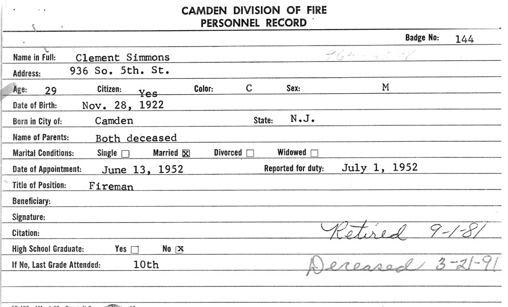 Fire Department record card for Clement Simmons