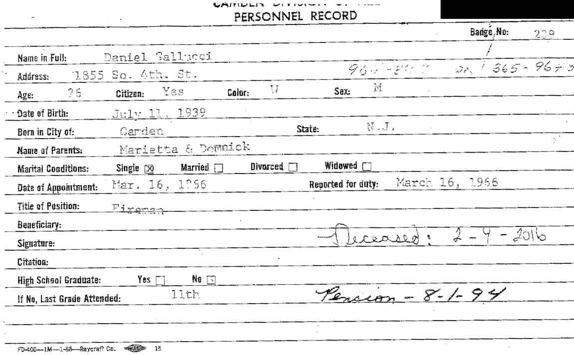 Camden Fire Department personnel record for Daniel Gallucci, page 1