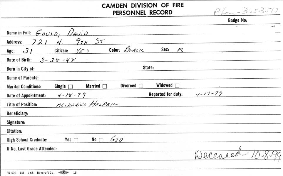 Camden Fire Department personnel record card for David Gould