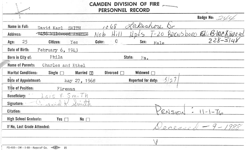 David K. Smith fire department record card