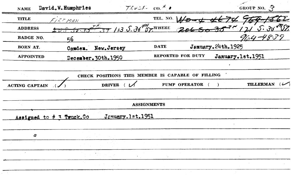 David W. Humphries Camden Fire Department application card