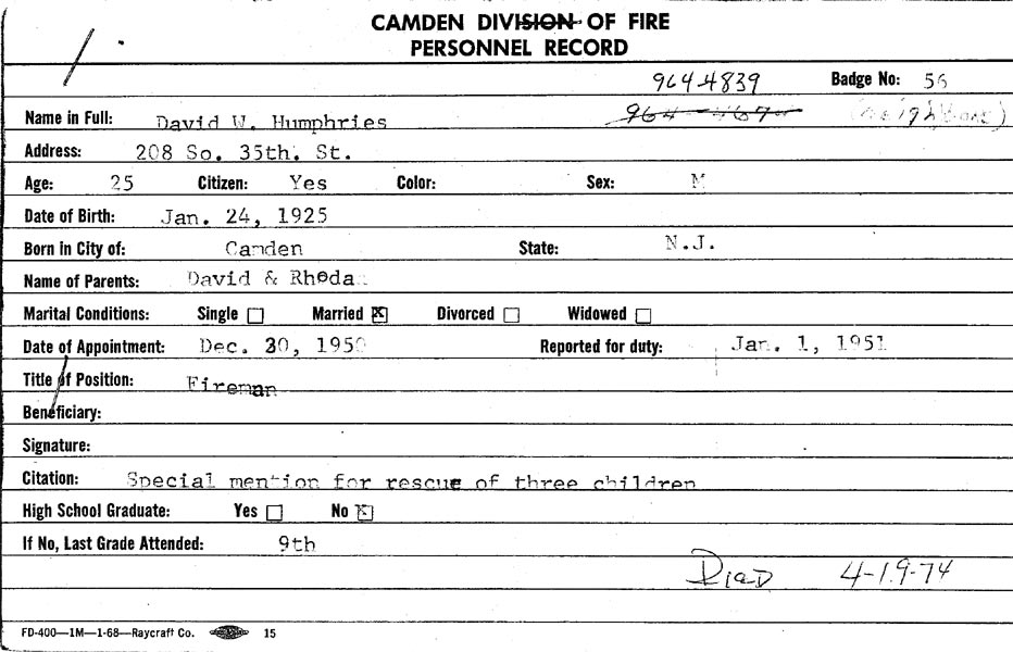 David W. Humphries Camden Division of Fire Personnel Record