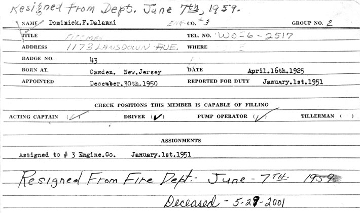 Dominick F. Dalanni — Camden Fire Department personnel card
