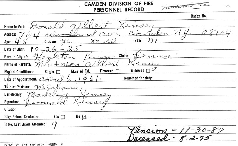 Donald A. Kinsey fire department service card