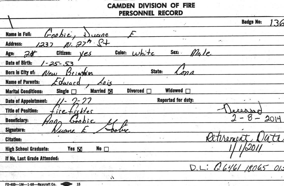 Duane Goobic fire department identification card