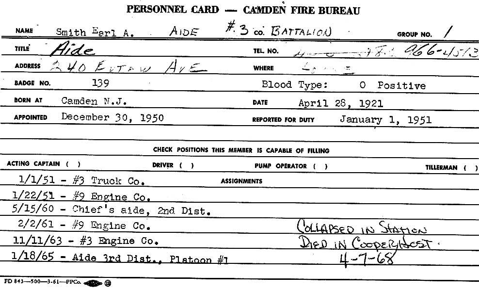 Earl A. Smith Sr. Camden Fire Department personnel record card