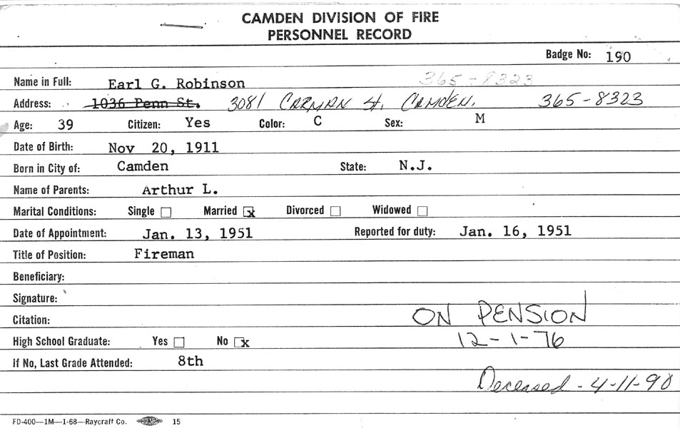 Earl G. Robinson Camden Division of Fire personnel record