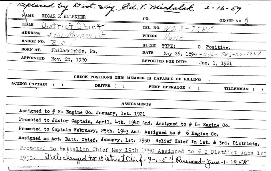Edgar Roy Ellender Sr., Camden Fire Department service record card