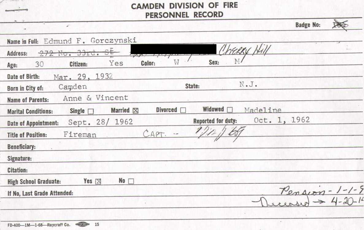 Edmund F. Gorczynski Camden Division of Fire personnel record