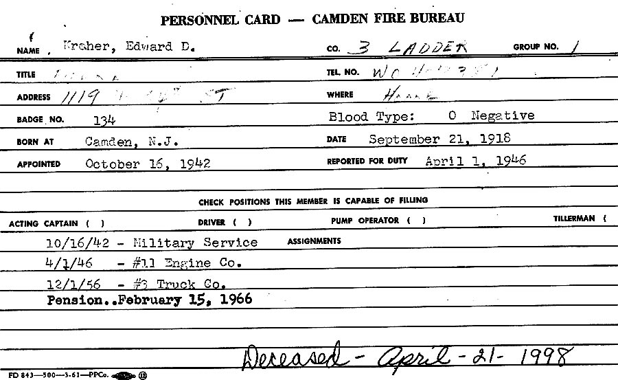 Edward D. Kreher Camden Fire Bureau personnel card